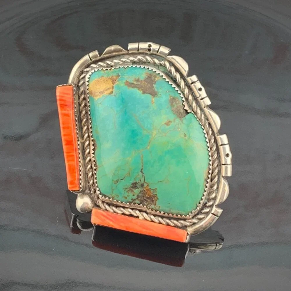 Huge Turquoise & Spiny Oyster Sterling Silver Navajo Native American Vtg Ring